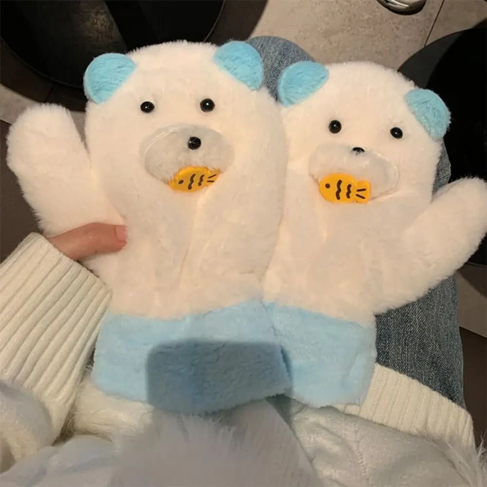 Guanti con orecchie da orso, sciarpa e cordino, set invernale in peluche ispessito, antivento, carino, per ciclismo