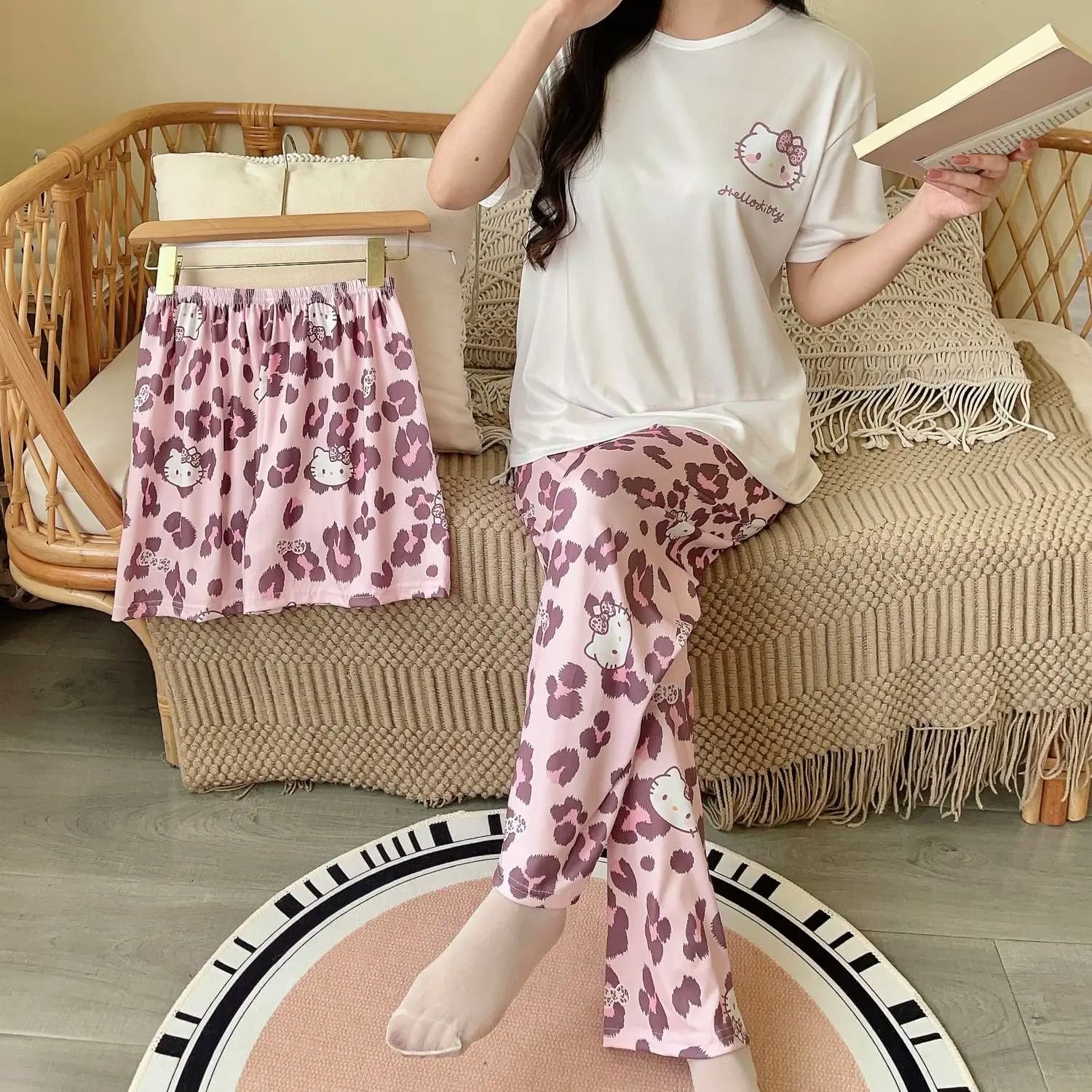 Pigiama Sanrio Hello Kitty, set da 3 pezzi, pantaloni corti, pigiama estivo a maniche corte, pigiama estivo, pigiama kawaii, abbigliamento per la casa