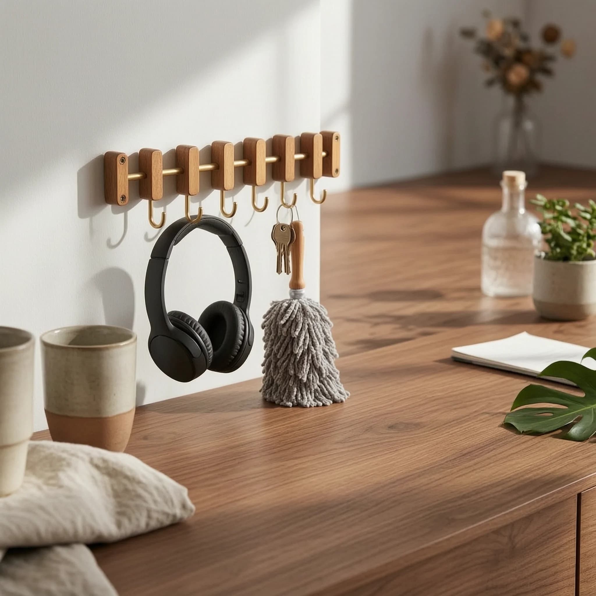 Wall Coat Rack with Sliding Hooks Space-Saving Wooden Hook Rack with Metal Rod Adjustable Wall Hanger Stylish Organizer
