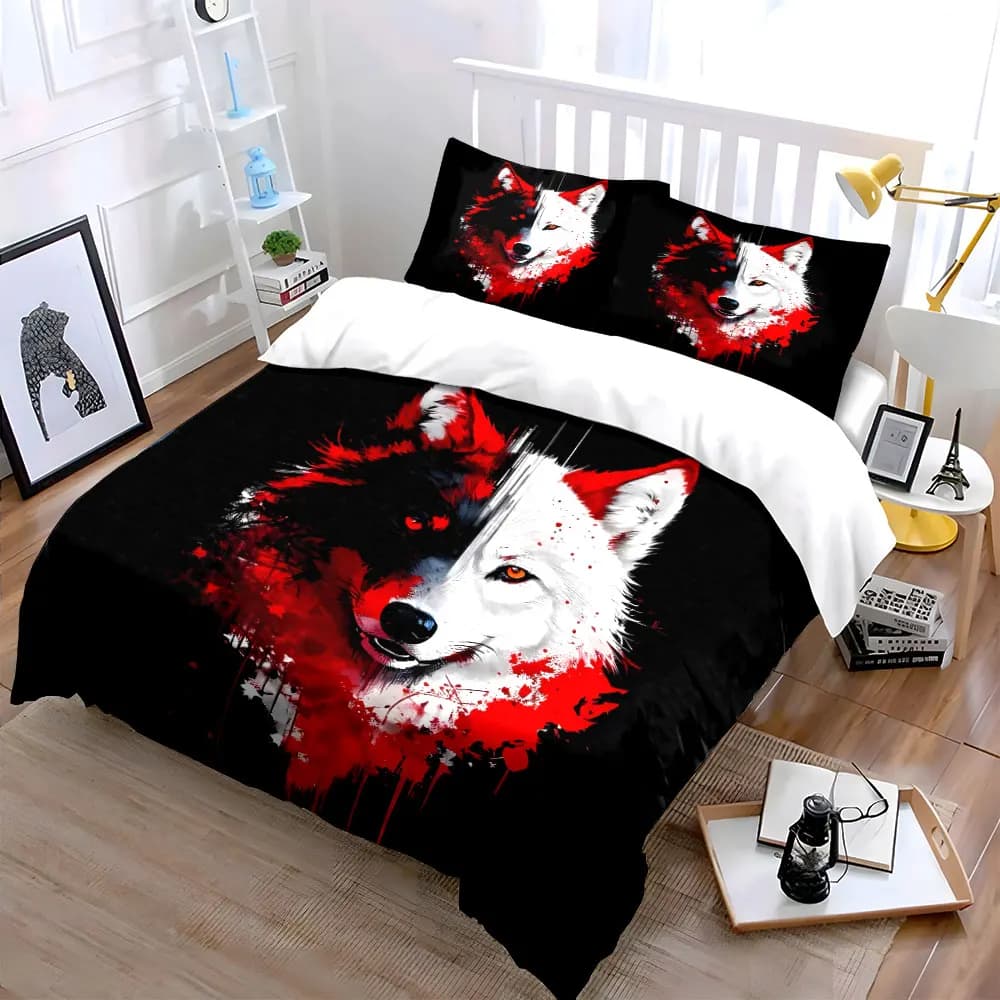 Set di biancheria da letto morbida e delicata sulla pelle con stampe artistiche di lupo bicolore, include 1 copripiumino e 2 federe, idea regalo