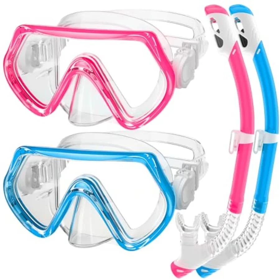 2 set di attrezzature per lo snorkeling per bambini dai 3 ai 14 anni, antiappannamento 180 ° Set snorkel Clear View Dry Top, maschera da nuoto con copertura per il naso e vetro temperato