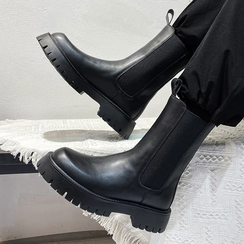 plus size men luxury fashion high chelsea boots black autumn winter shoes original leather platform boot long motorcycle botas