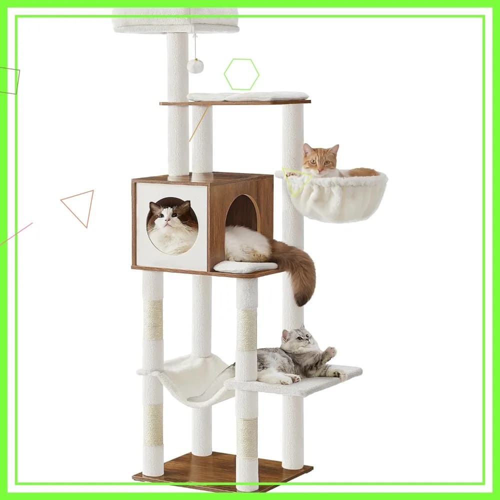 Albero per gatti da 65 pollici, con cuccia, cesto, amaca, pompon e posti per grattare, marrone miele