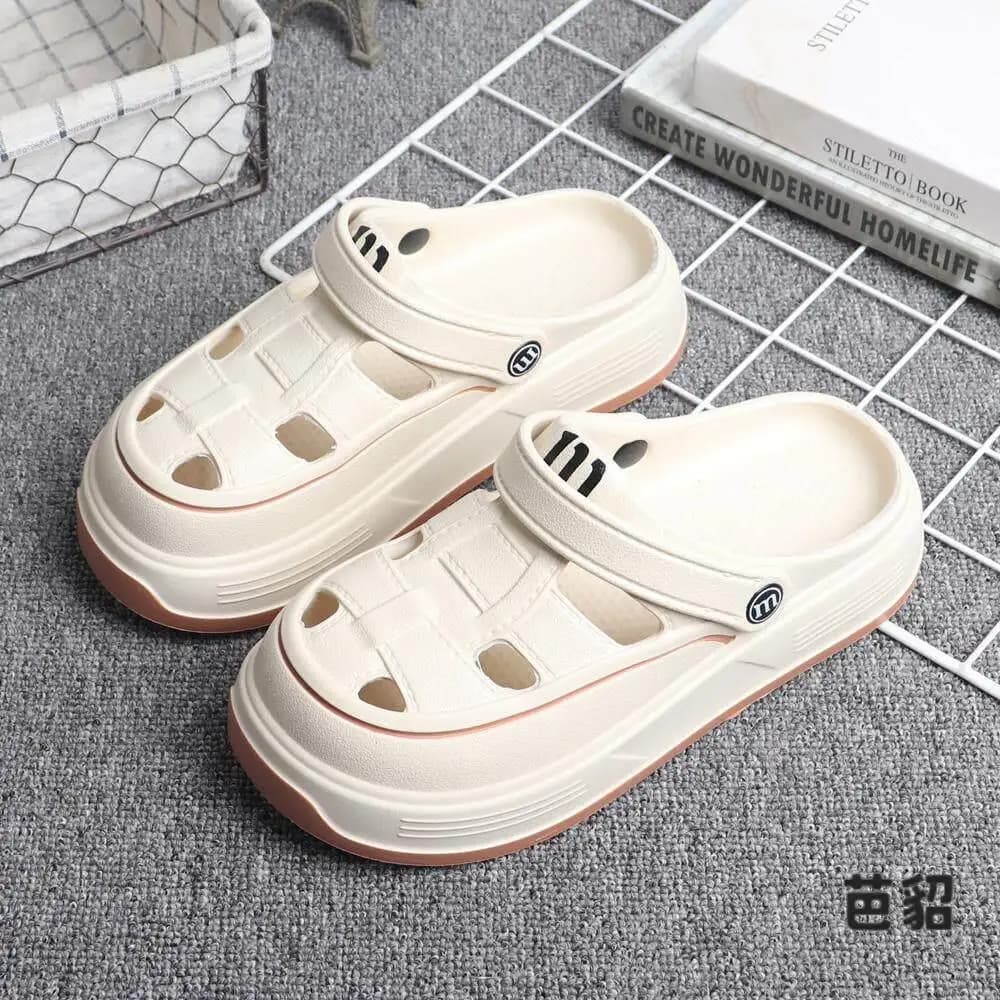 Summer Thick Bottom Breathable Hollow out Sandals Women's Flip Flops Two-Way Wear Beach Shoes Lightweight Slip-On Slippers