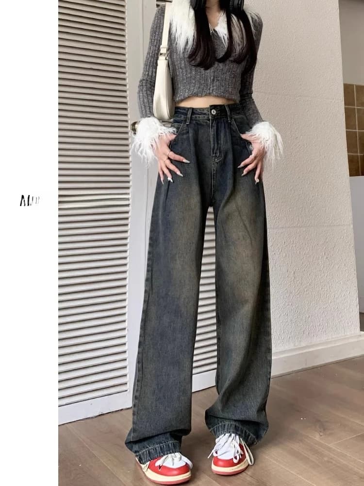 Retro High Waist Wide Leg Denim Jeans Women's Spring Fashion Loose Straight American Style Spring Autumn Long Pants