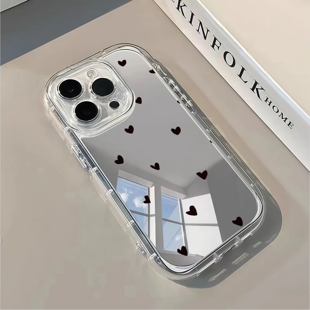 Fresh Sweet Black Love Heart Mirror Phone Case For iPhone 16 15 Pro Max 17 14 13 12 11 XS X XR 7 8 Plus Make Up Mirror TPU Cover