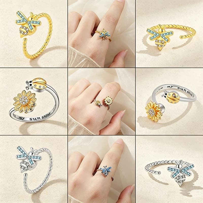 Vintage Spinner Cute Bee Anxiety Ring Anti Fidget Open Finger Jewelry Ladies Rotate Sunflower Rings Relax Gifts Accessories