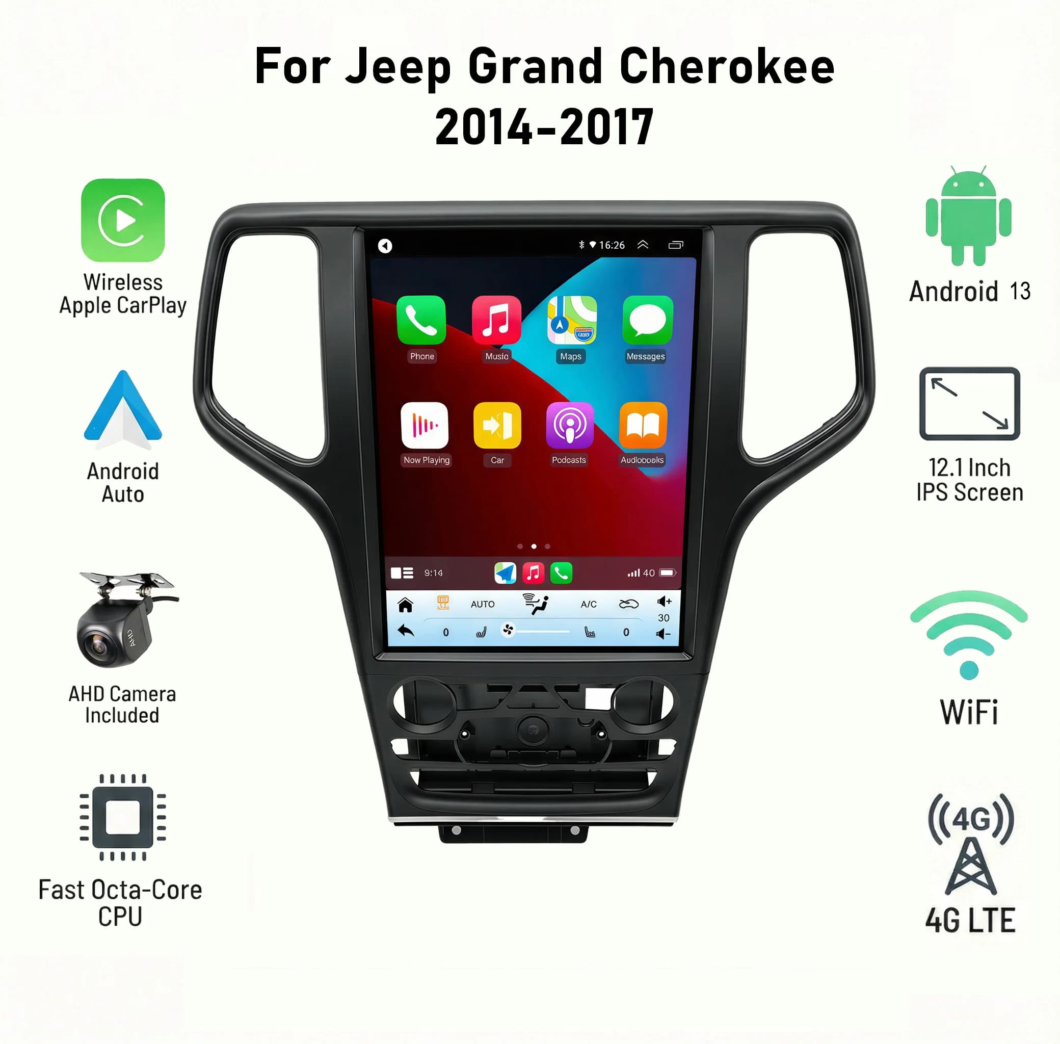 Autoradio Android 12.1" per Jeep Grand Cherokee 14-17 con CarPlay Wireless, Android Auto, Schermo Touch, GPS e Navigazione