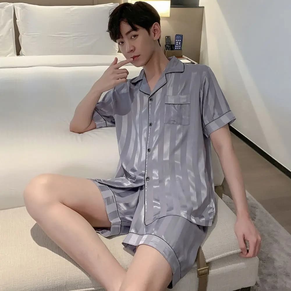 Simple Stripe Men’s Pajama Suit Grid Loose Short Sleeve Nightwear Homewear Satin Silk Two Pieces Sleepwear Gifts