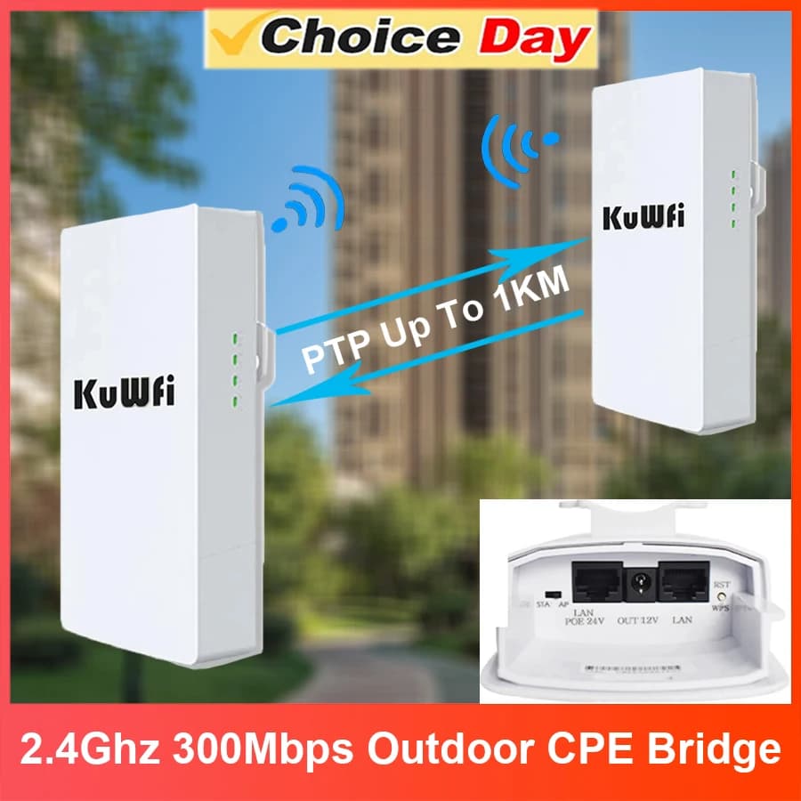 KuWFi 2.4Ghz 300Mbps Ponte CPE esterno Router Wifi wireless Modalità ripetitore AP Extender a lungo raggio Ponte wireless PTP PTMP 1KM