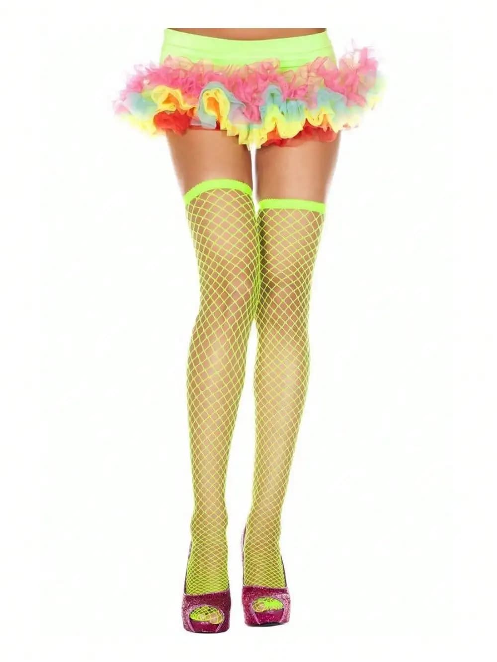 Neon Fishnet Thigh High Stockings with Solid Band, Rainbow Tutu Skirt Set for Party & Costume