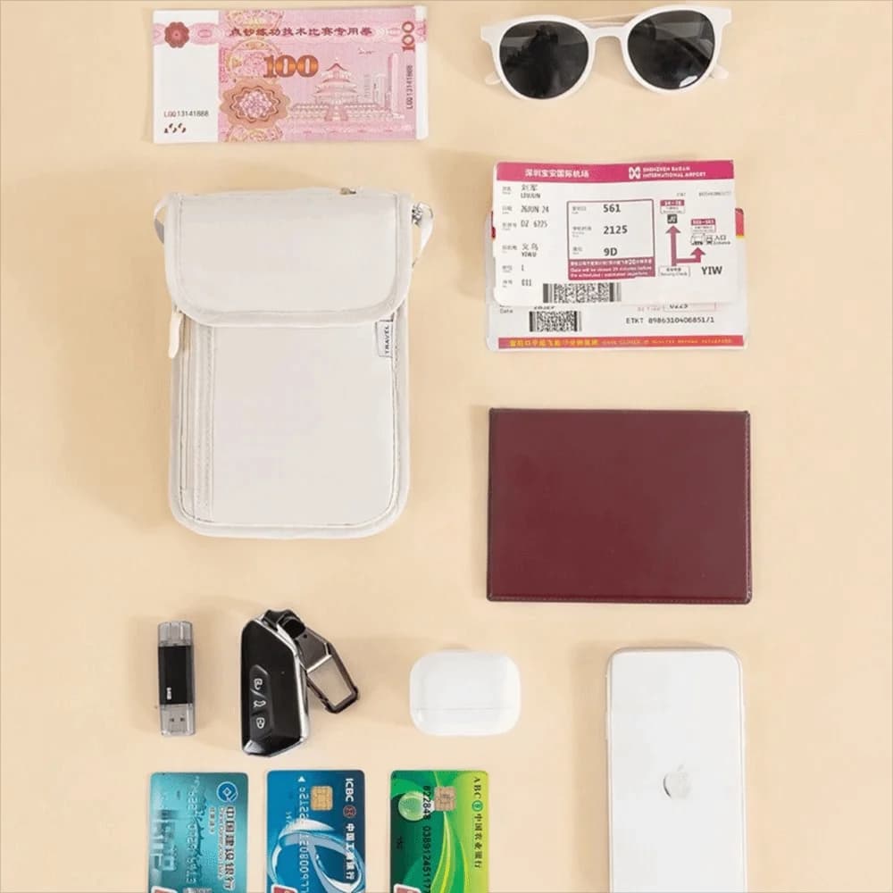 Porta Passaporto Impermeabile con Tracolla Regolabile, Blocco RFID, Portafoglio da Collo Antifurto, Cerniera Scorrevole, Custodia per Documenti da Viaggio