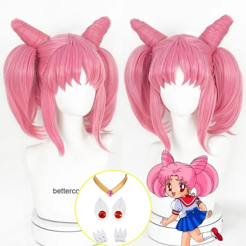 High Quality Sailor Chibi Usa Chibiusa Wigs Short Pink With Ponytail Clip Heat Resistant Synthetic Hair Cosplay Wig + Wig Cap
