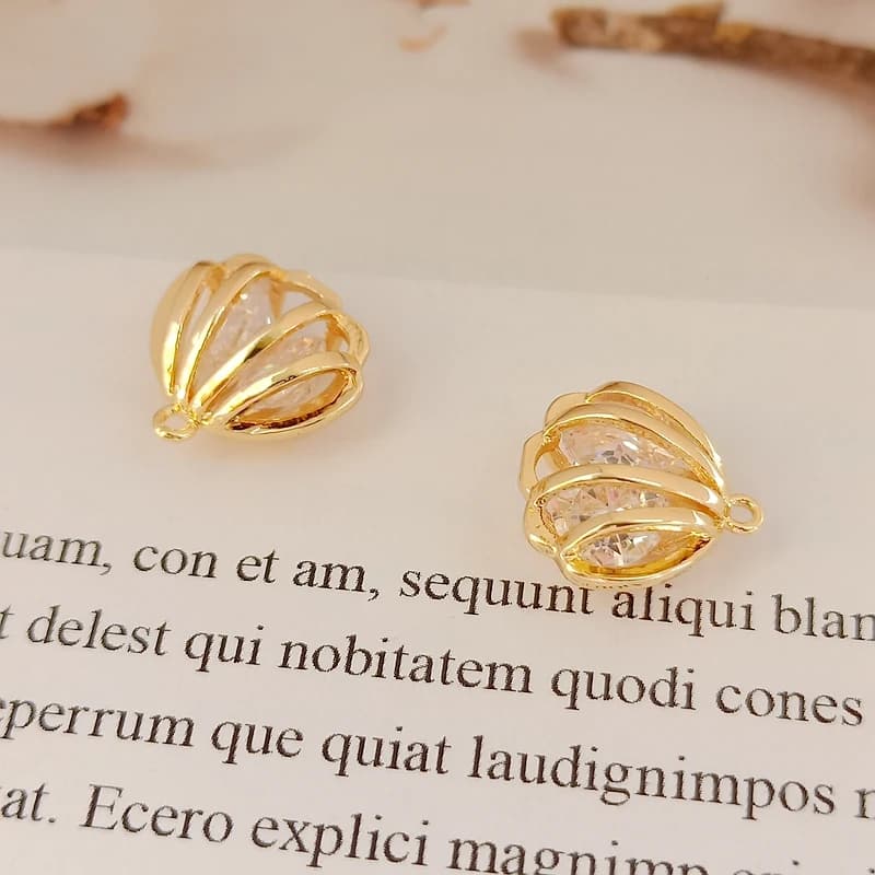 Ciondolo a conchiglia scavata con zirconi intarsiati in rame-oro 14K, bracciale, ciondolo, accessorio di gioielli fatti a mano fai-da-te, 13 mm