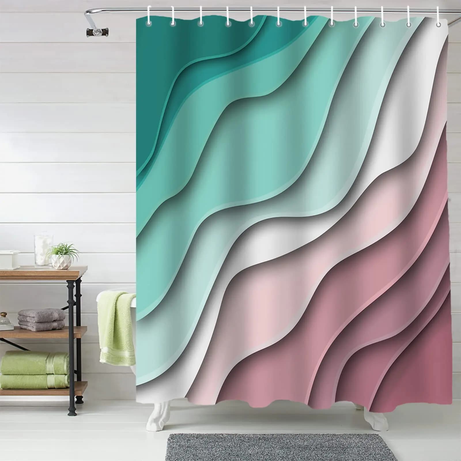Tessuto Teal Blue Tenda da doccia Estetica Ombre Marrone Crema Tende da doccia Set di tende da bagno da spiaggia geometriche astratte moderne