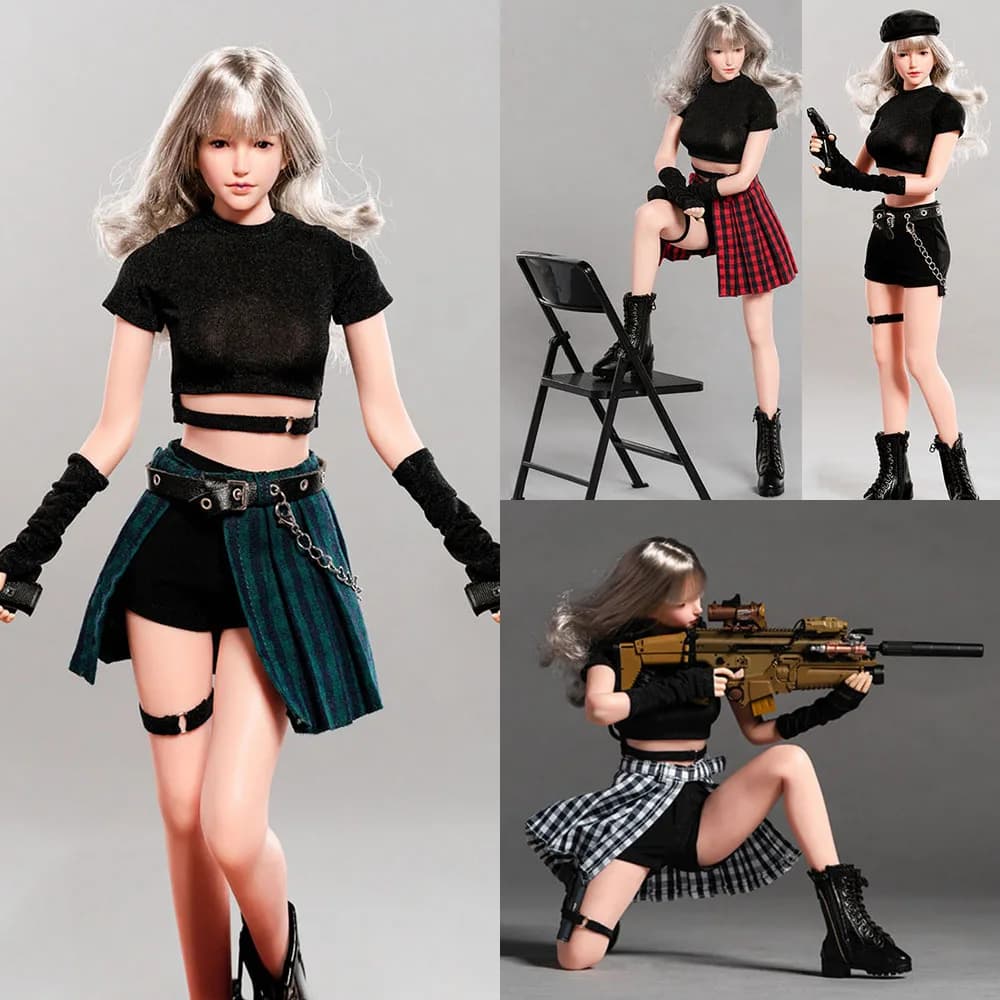 Chili Toys Cl001 1/6 Female Sexy Tight Short Sleeve T-shirt Slit Pleated Skirt Set with Leg Hanging Chain Belt Fit 12" Figure