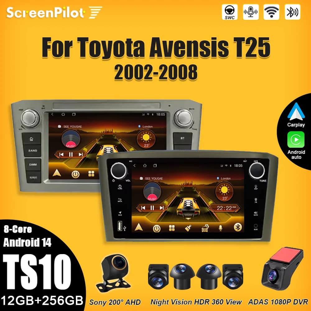 Autoradio Android 15 per Toyota Avensis T25 2002-2008 con GPS, Navigazione, Mirror Link Wireless, Android Auto, 8 Core, Wi-Fi