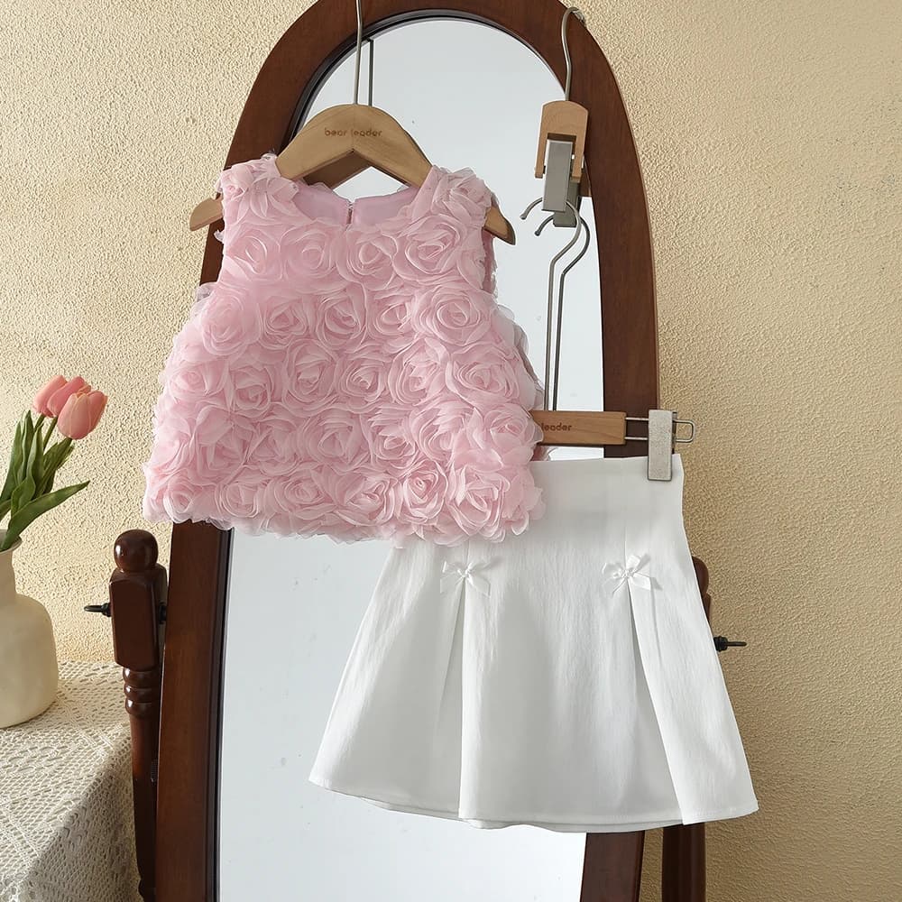 Korean Version Sweet and Cute Pink Casual Set Birthday Party 3D Flower Tank Top+Bow Fold Skirt Two Piece Set Summer