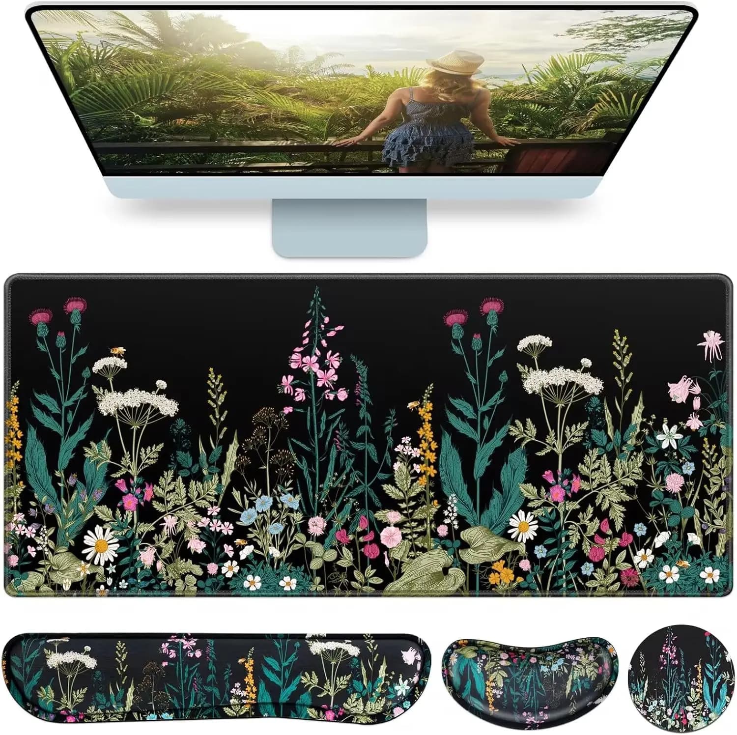 Tappetino da scrivania 4-in-1 grande con poggiapolsi, set XXL con tappetino per mouse e supporto per tastiera, accessori ergonomici floreali per ufficio e casa