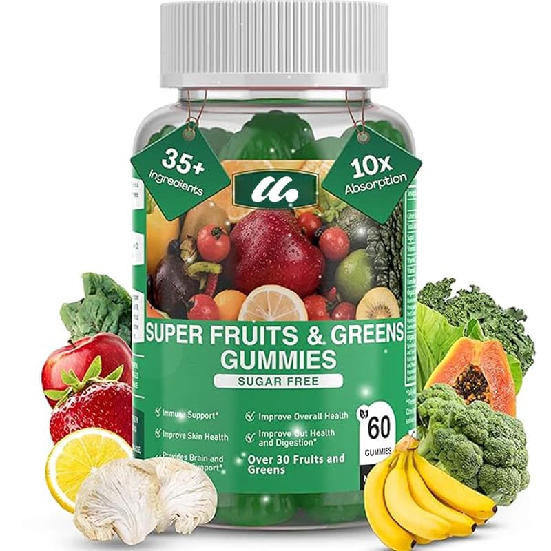 Caramelle Gommose Senza Zucchero alla Frutta e Verdura - 35+ Green, Vitamine di Frutta e Verdura, Integratore Ideale di Frutta e Verdura (60 Caramelle)