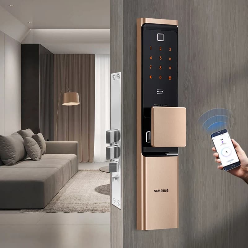 Serratura Elettronica Intelligente SamsungDR719 con Rilevamento Impronte Digitali e Carte, Accesso Remoto WiFi per Porte in Legno, Sicurezza Domestica