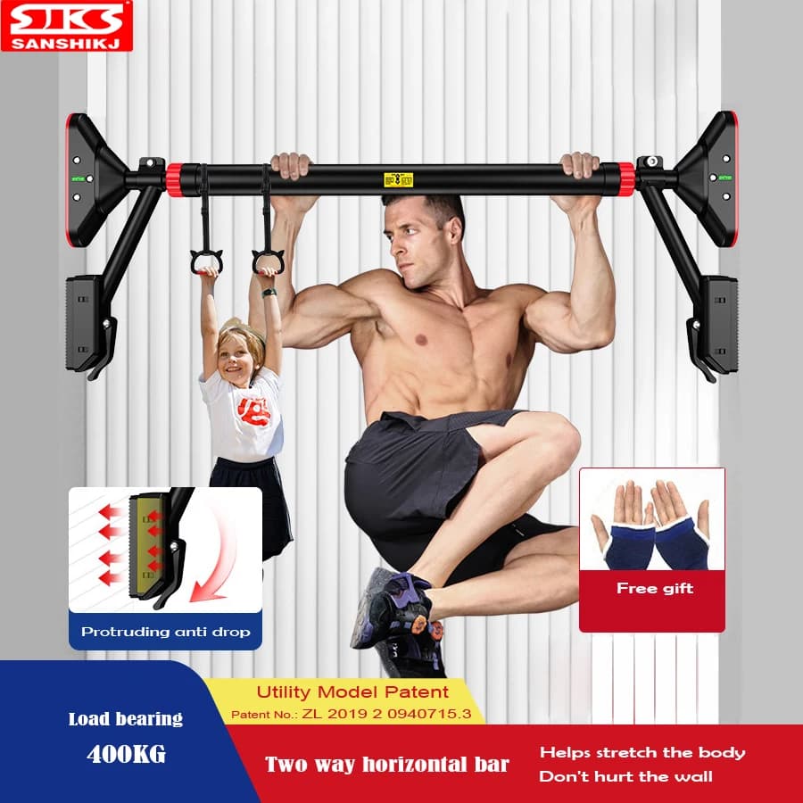 Wall horizontal traction bar, horizontal bar set with improved support, traction bar for domestic interior doors, new