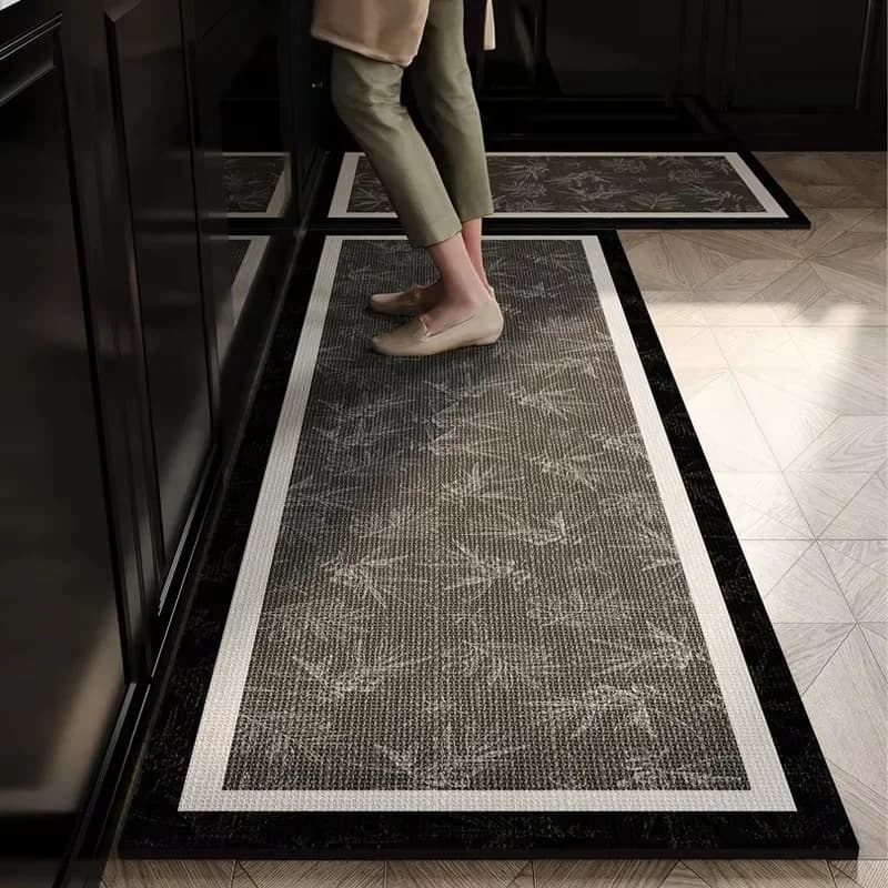 VIKAMA Bamboo Print Kitchen Runner Rug Black White Border Non Slip Long Floor Mat Washable Hallway Entrance Decor Carpet