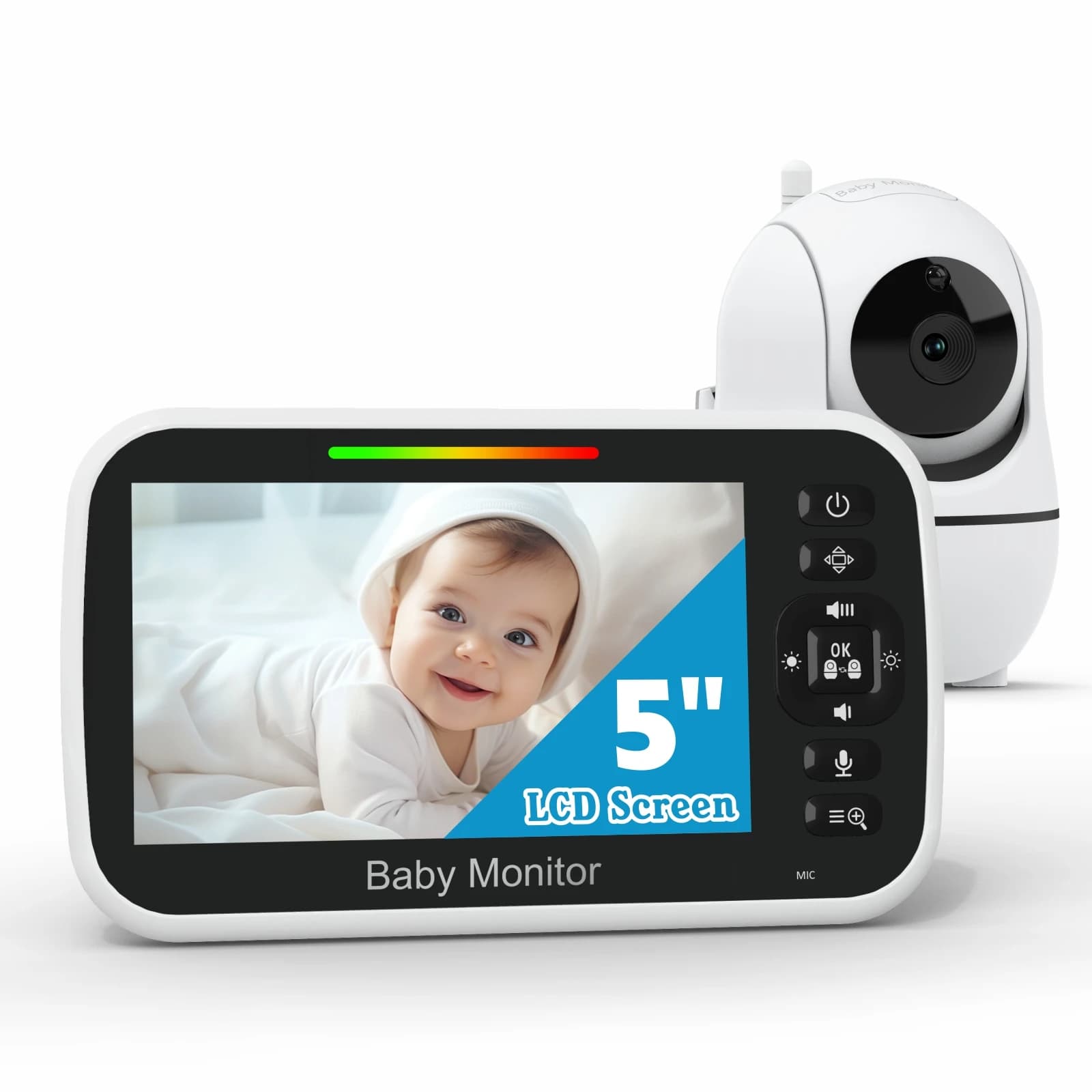 Monitor per Bambini con Schermo da 5.0 Pollici, Funzione Pan-Tilt, Temperatura, Batteria da 3000mAh, Audio Bidirezionale, Videocamera per Bambini