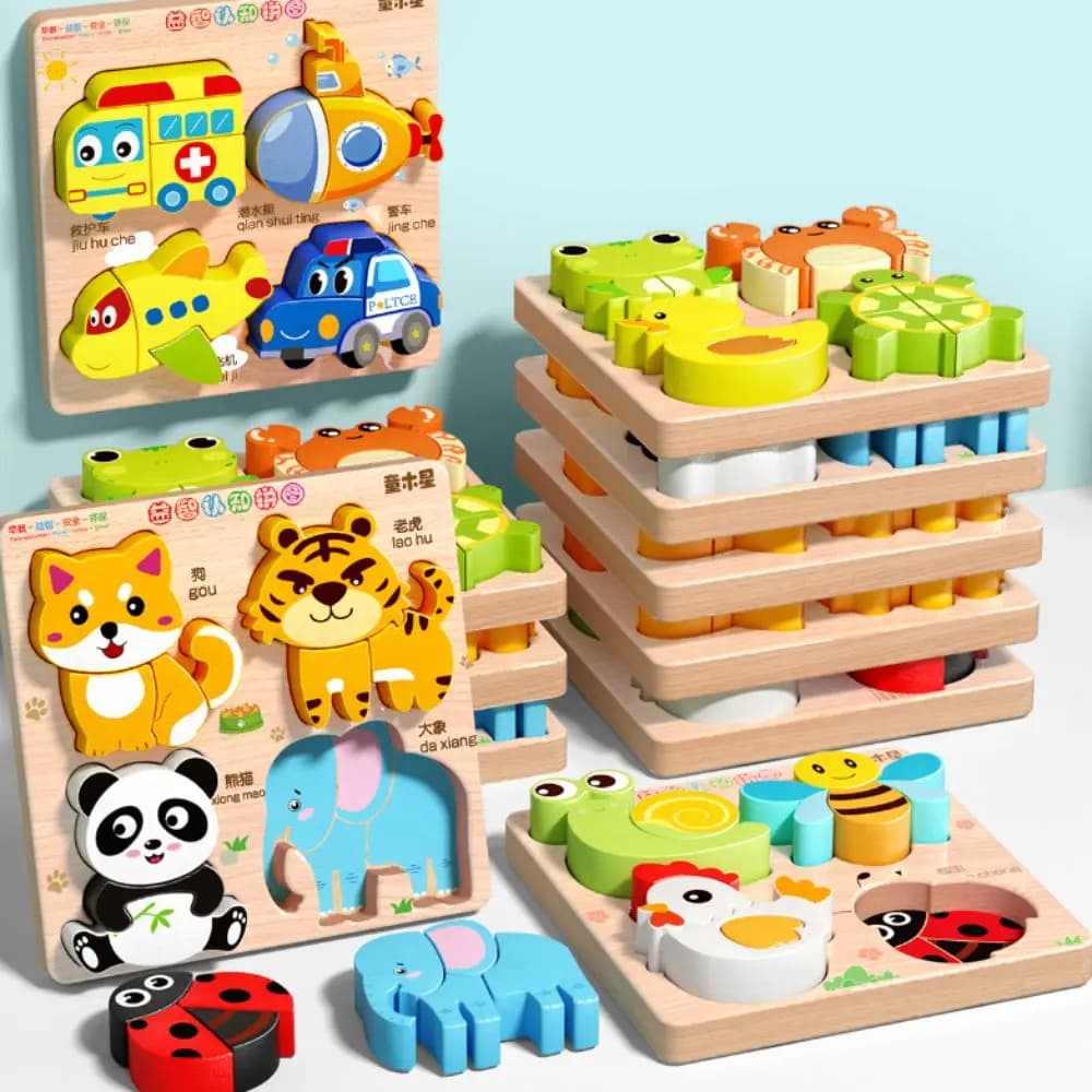 Puzzle in Legno 3D 4 in 1 per l'Apprendimento Precoce, Blocchi Educativi Arcobaleno, Puzzle in Legno a Forma di Aereo Cartoon