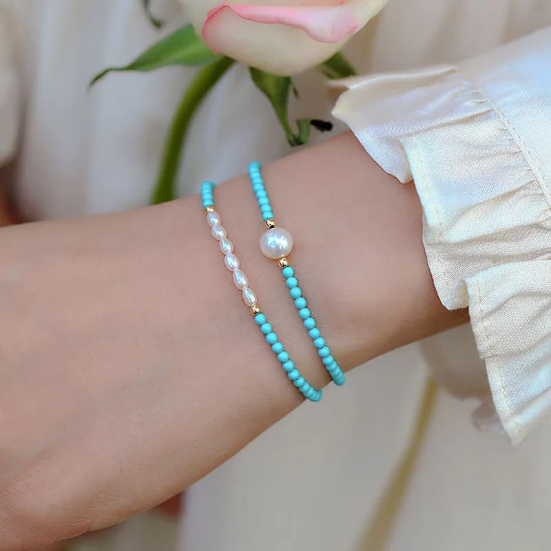 Nuova perla d'acqua dolce naturale e pietra turchese 14K oro riempito perline da donna catena per gioielli braccialetto da donna per regali da donna