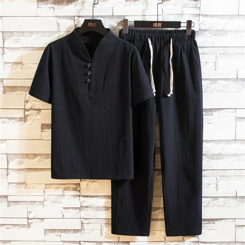 Men's Summer Cotton Linen Short Sleeve T-Shirt Large Size Nine Point Pants Set Comfortable Breathable Casual Ethnic Style