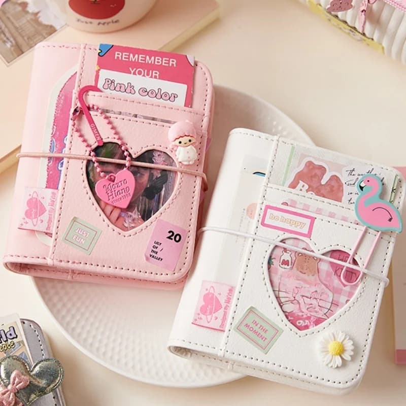 M5 Korean Pink Heart Ring Binder Detachable Portable Travel Journal for KPOP Idol Cute Small Album with Strap Diary Scrapbook