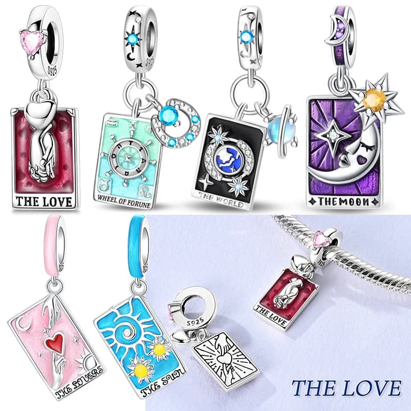 Ciondolo Charm in Argento Sterling 925 a Forma di Carta dei Tarocchi, Luna e Sole, per Bracciali, Gioielli da Donna, Regalo Fai-da-Te