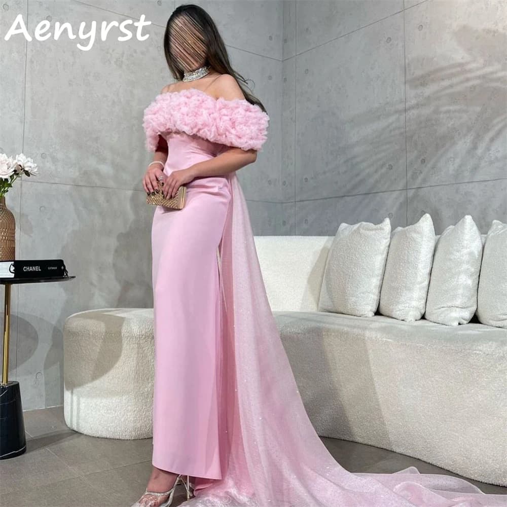 Aenyrst Abito da sera saudita con volant rosa con spalle scoperte Abito da ballo con scollo a barchetta in raso personalizzato Abiti da festa formali alla caviglia