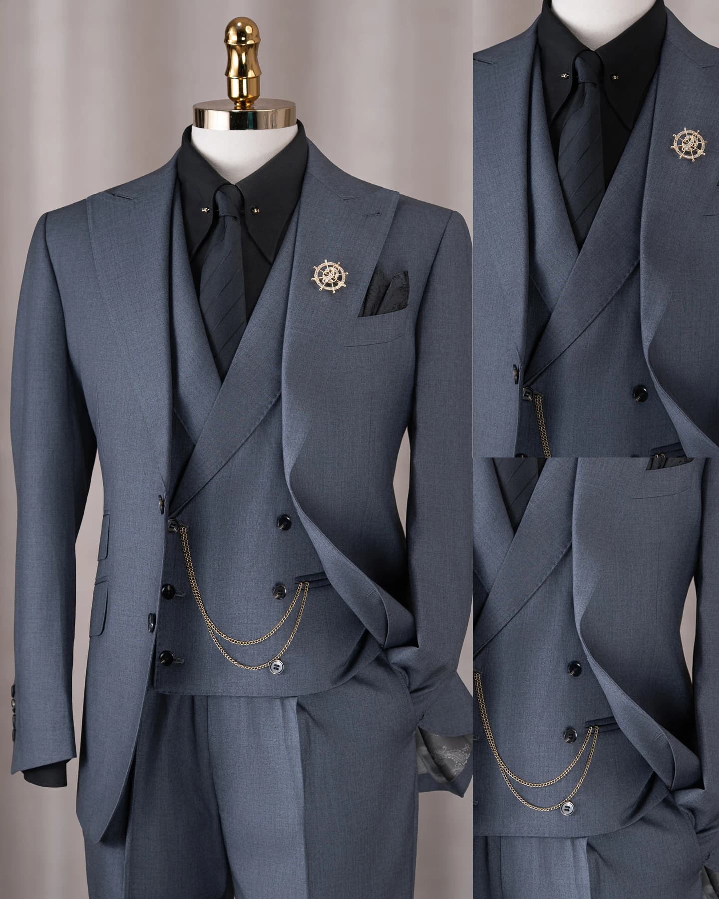 Luxury Grey-Blue 3-Piece Suit with Watch Chain and Compass Lapel Pin Men Formal Wedding Suit Customized M265845