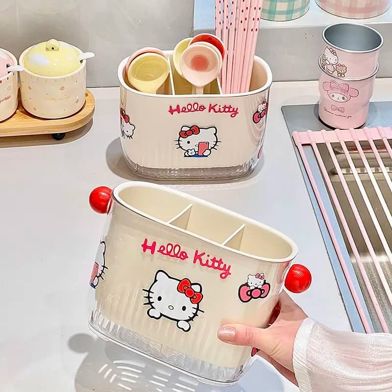 Portaoggetti da cucina a forma di Hello Kitty, carino e divertente, senza fori, con scolapiatti da tavolo, porta bacchette, coltelli, forchette e cucchiai.