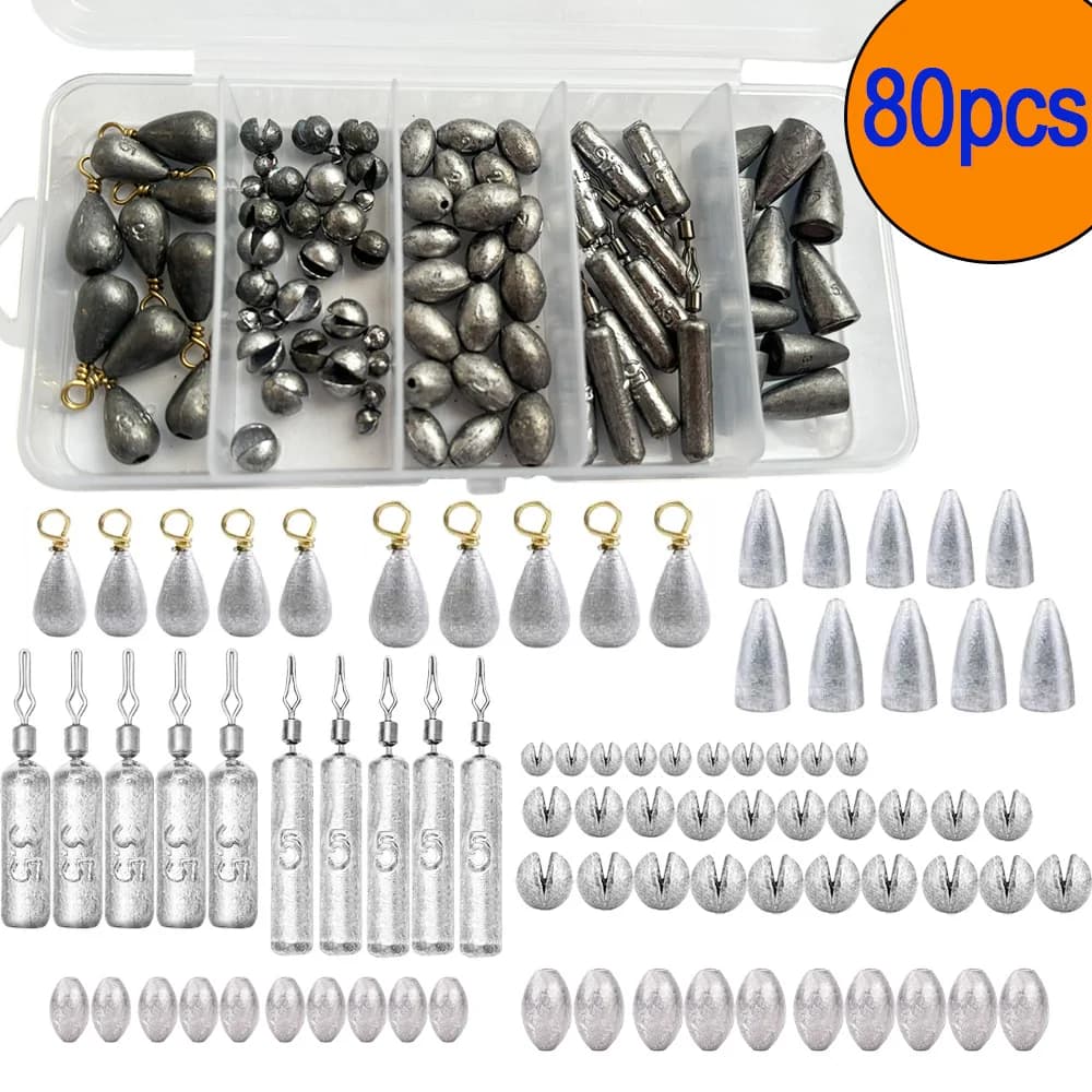 80Pcs Fishing Weights Sinkers Kit 0.3g 1.2g 2g 3g 3.5g 5g Water Drop Weights Bullet Egg Split Drop Shot Fishing Lure Lead Sinker