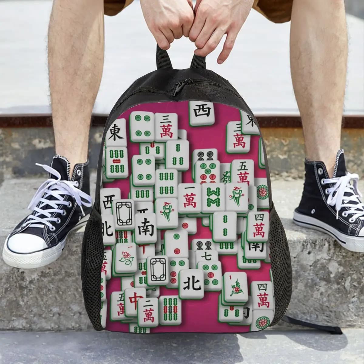 Mahjong Tile Pattern Backpack Daypack Large Capacity Kids BookBag School Bag Shoulder Bags for Men Women