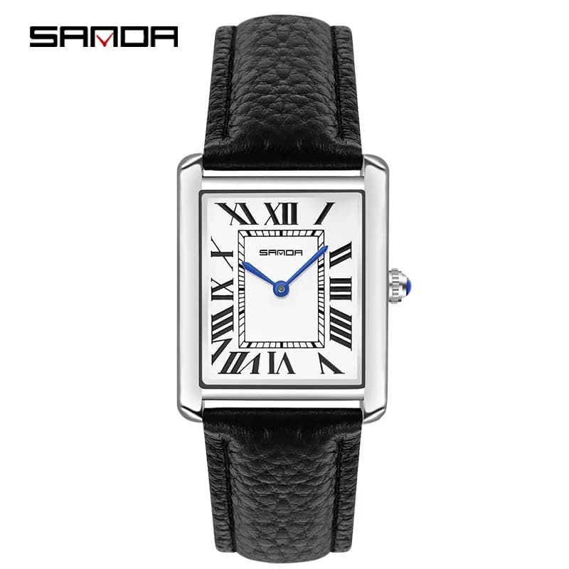 Men's Sanda Rectangular Wrist Watch Unsex Silver Case Luxury Top Brand Quartz Watch Zegarek Damski 1108