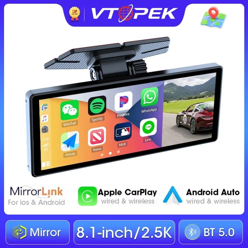 Vtopek 8.1 "2.5K Dash Cam Auto DVR Wireless Carplay Android Auto Ai Schermo 1080P Macchina Fotografica Videoregistratore GPS Navigazione Cruscotto