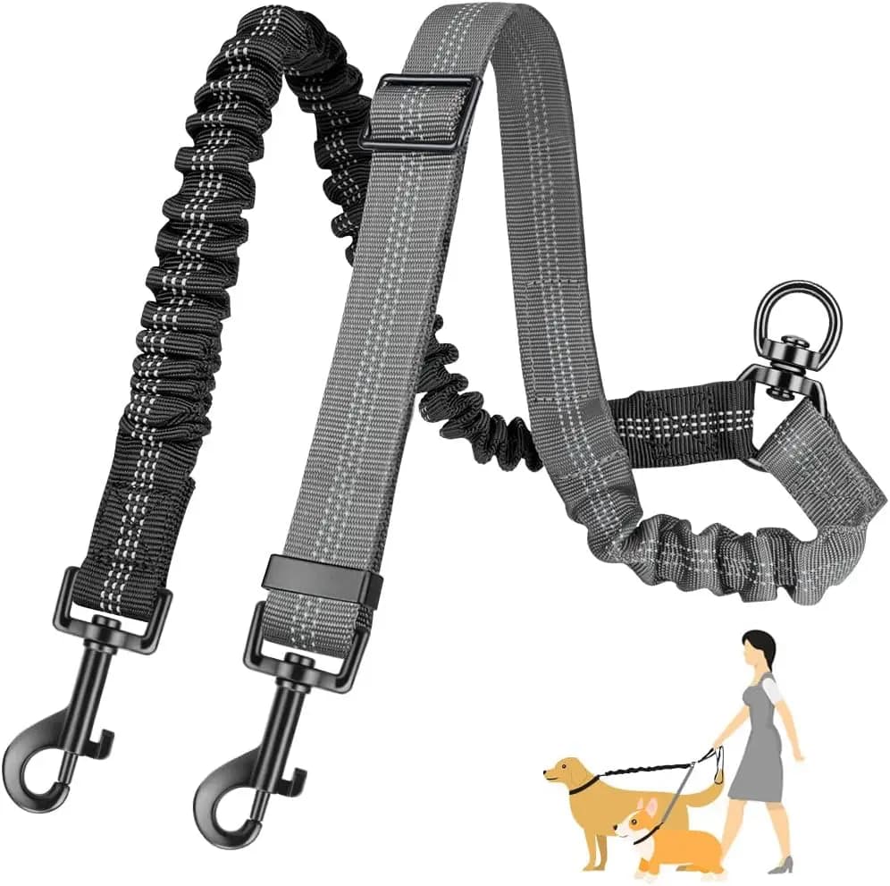 Due guinzagli per cani, 2 in 1 attacco per guinzaglio per cani doppio aggiornato combinano cinturino regolabile e elastico antiurto nessun groviglio Dual Tra
