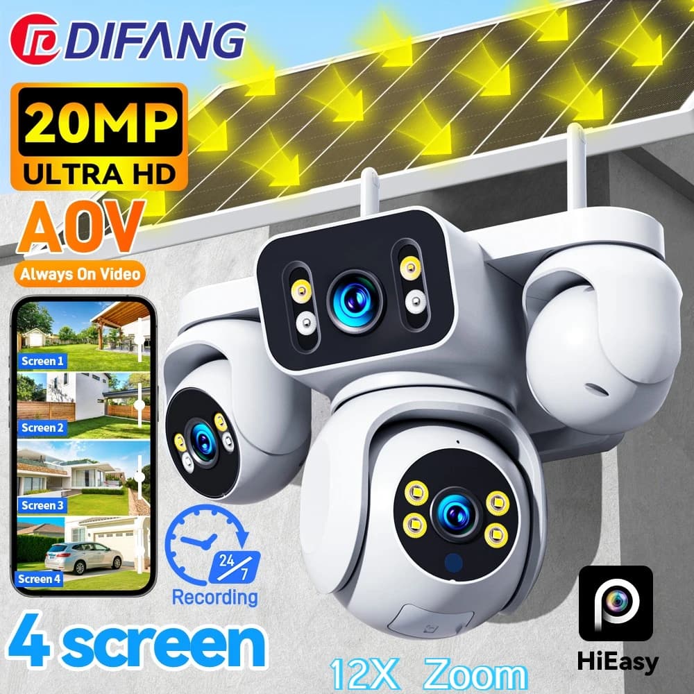 DIFANG 4 Schermi AOV Telecamera di Sorveglianza Solare Senza Fili Zoom 12X 24/7 Record Solare CCTV 20MP 20W 4G Sim Card Solar IP Cam