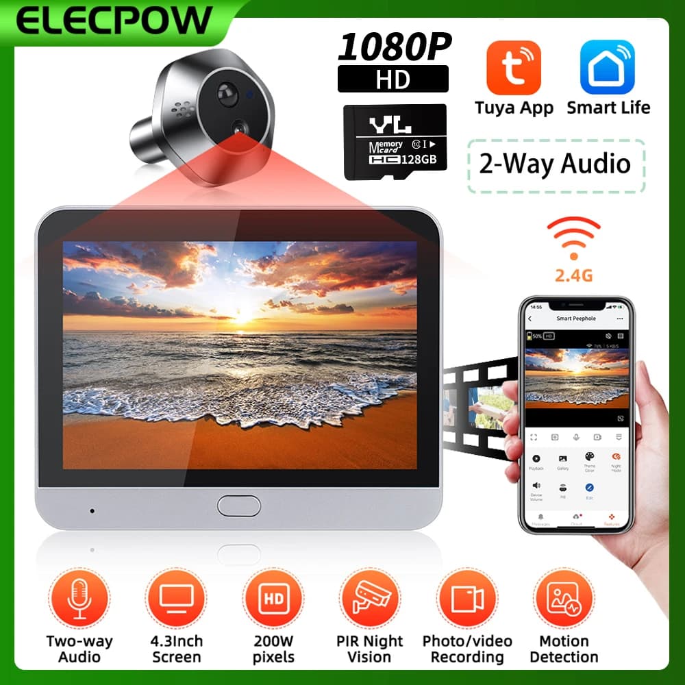 Elecpow Tuya Spioncino Telecamera Smart Home Audio bidirezionale WiFi Campanello Telecamera PIR Visione notturna Rilevazione movimento Spioncino digitale