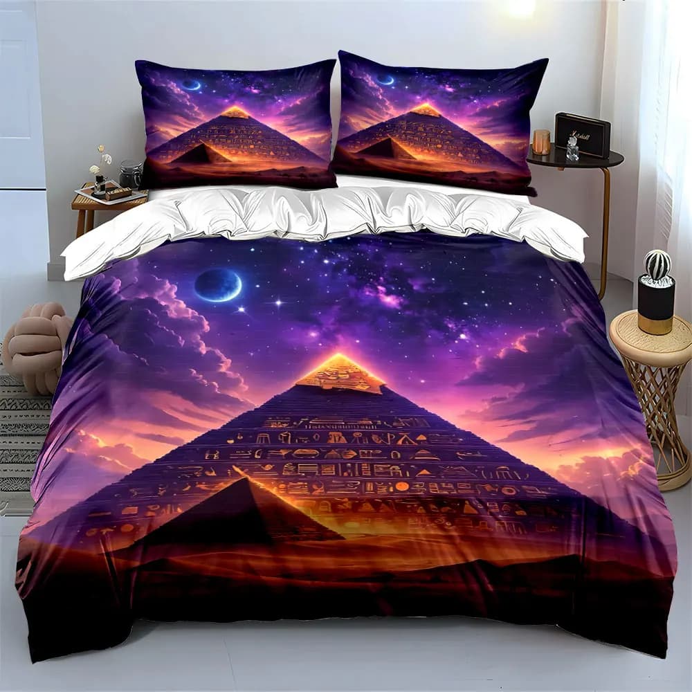 Set di biancheria da letto con stampa delle piramidi egiziane sotto il cielo notturno viola, morbido e confortevole, include 1 copripiumino e 2 federe.
