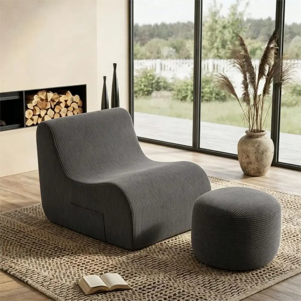 Gray Ergonomic Bean Bag Chair with Ottoman, Ideal for Lounge, Gaming, Dorms, and Reading