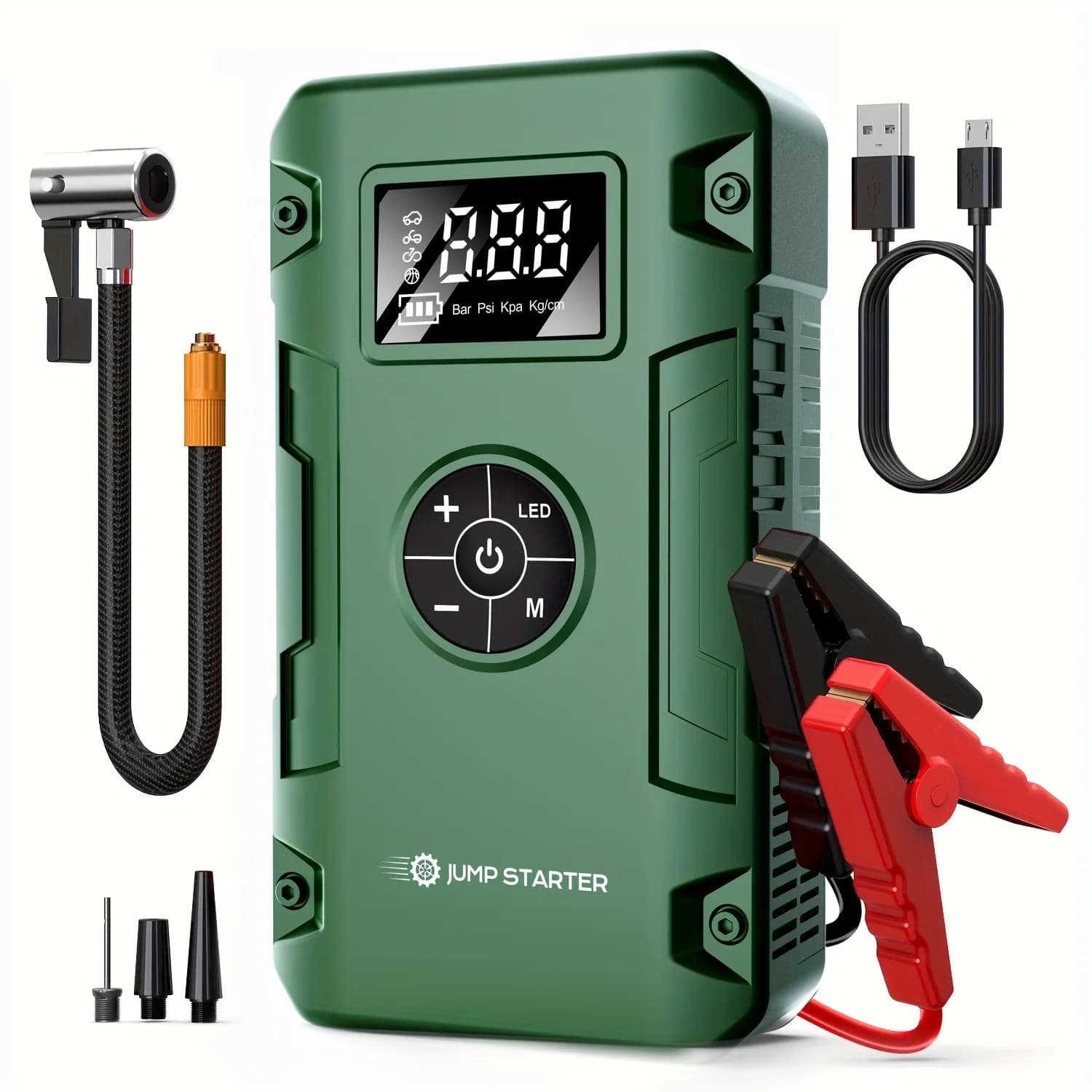 Avviatore di Emergenza Multifunzione 7-in-1 da 10000A con Pompa d'Aria, Booster per Batteria Auto da 150PSL, Gonfiatore Pneumatici, Caricabatterie Portatile per Veicoli, Adatto per Batterie Benzina da 2,64 Galloni o Diesel da 2,38 Galloni, Luce di Emergenza a LED