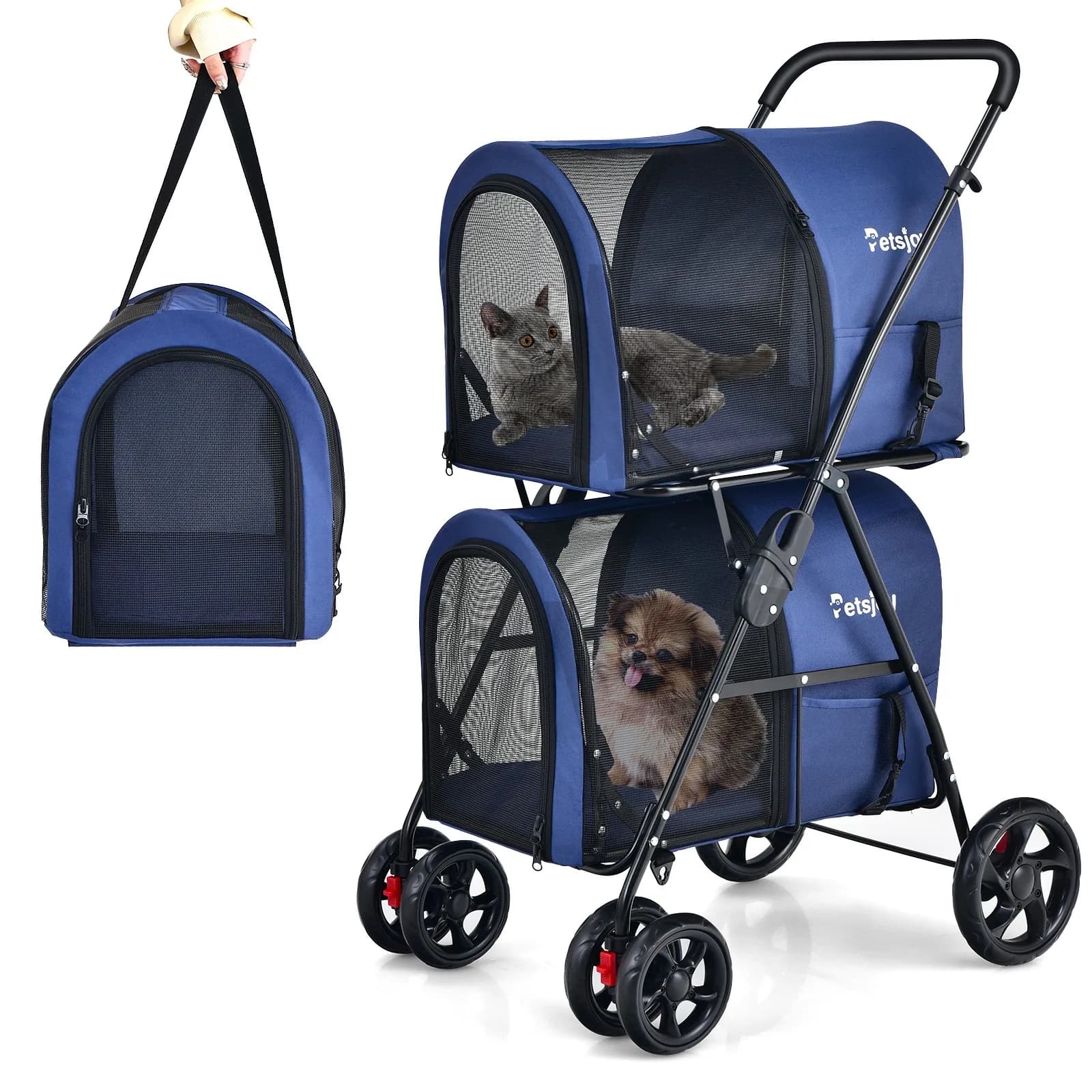 Passeggino Doppio 4-in-1 per Animali Domestici con Trasportino Rimovibile per Gatti Blu