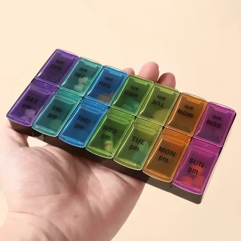 7-day pills, 14 compartments, 3 times, daily portable travel medicine box for vitamins and fish oil supplements