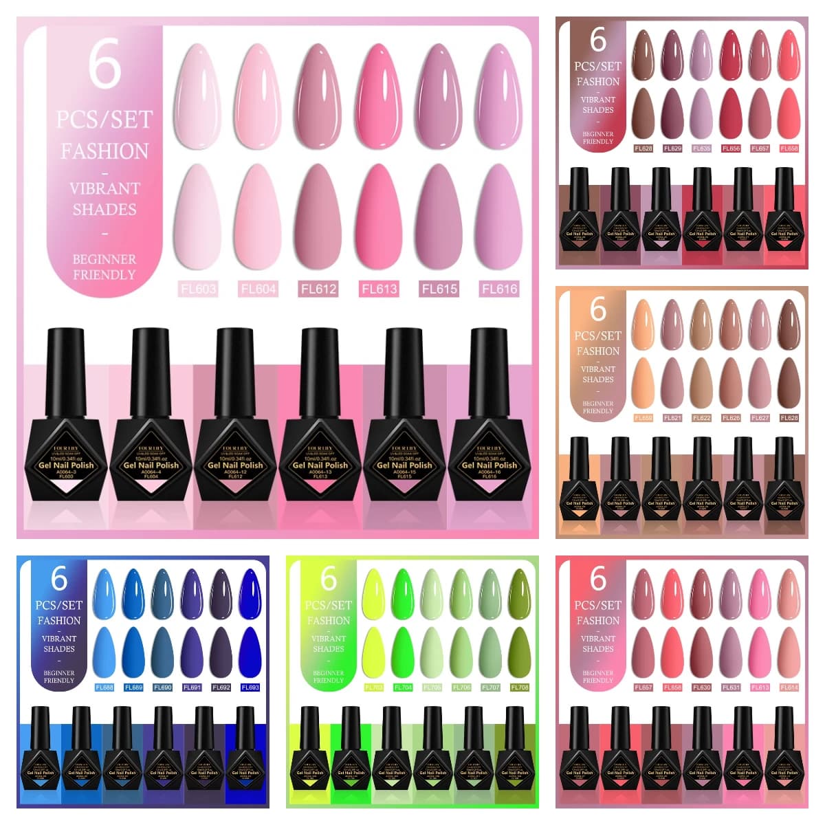 Set di 6 Gel per Unghie in Tinta Unita, Serie Rosa Nude Verde Blu, Alta Pigmentazione Lunga Durata UV LED Soak Off Manicure SENZA HEMA/TPO