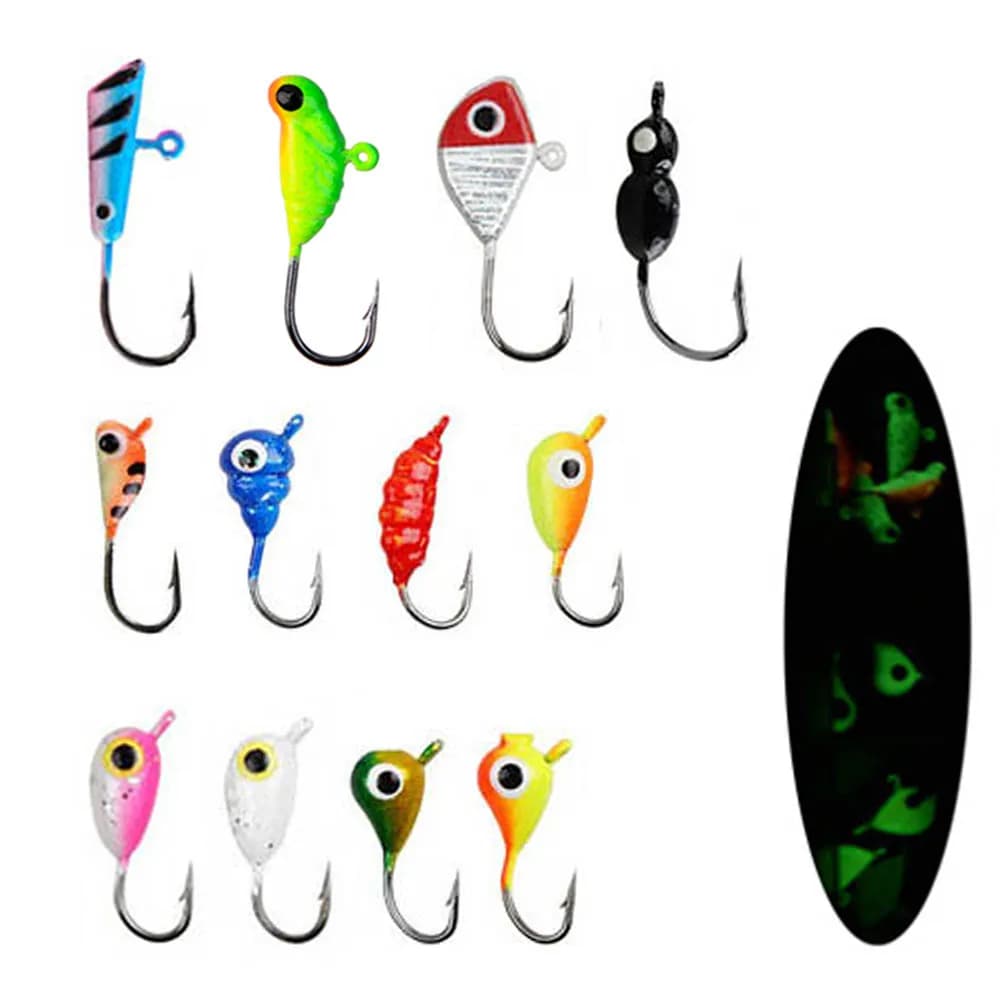 12 pz Inverno Richiamo di Pesca Sul Ghiaccio maschere di ghiaccio per Crappie Bass Panfish 1.2g-2.6g esca Artificiale Duro Jig Testa Ganci Kit di Pesca